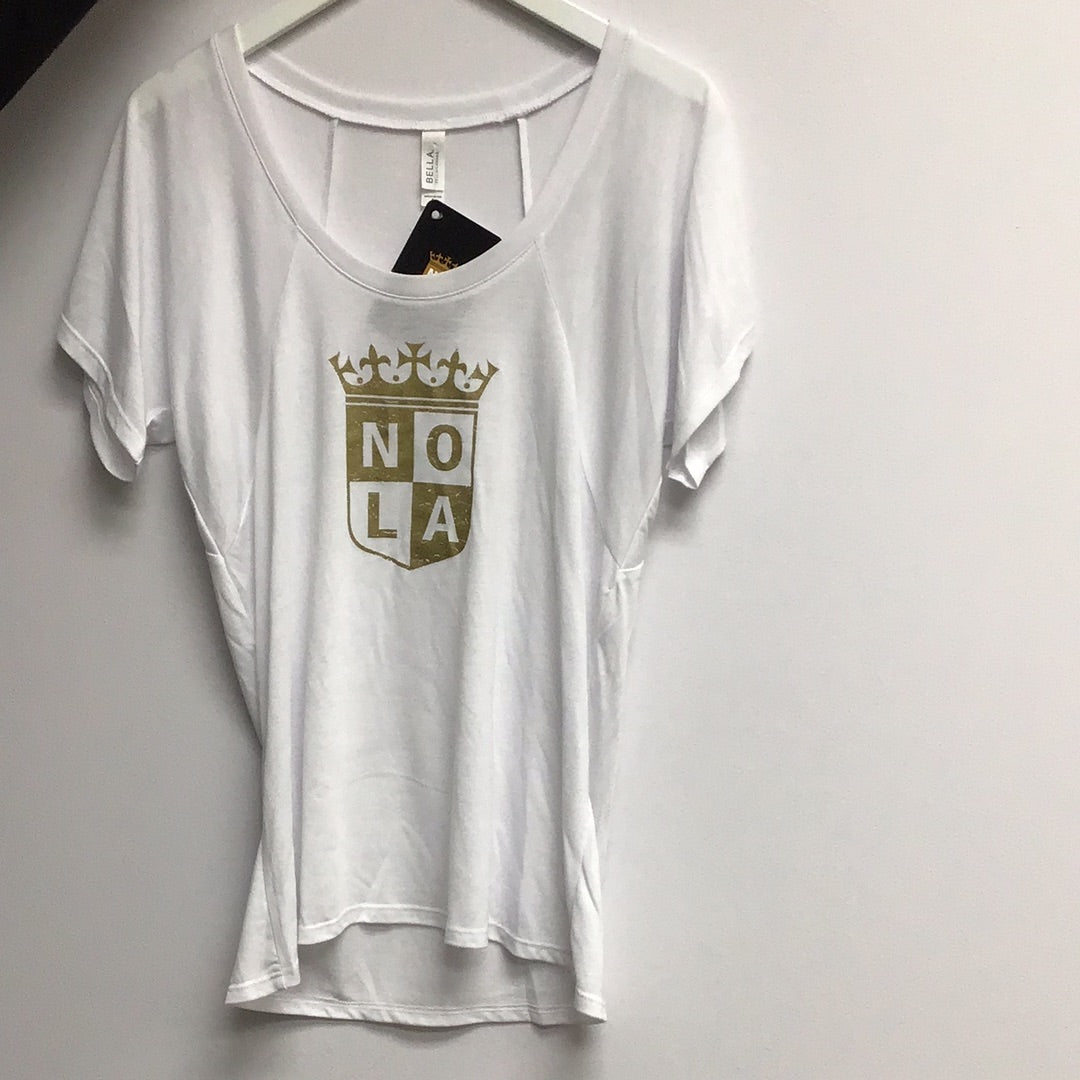 NOLA GOLD Bella Canvas ladies White Flowy Logo Round Neck