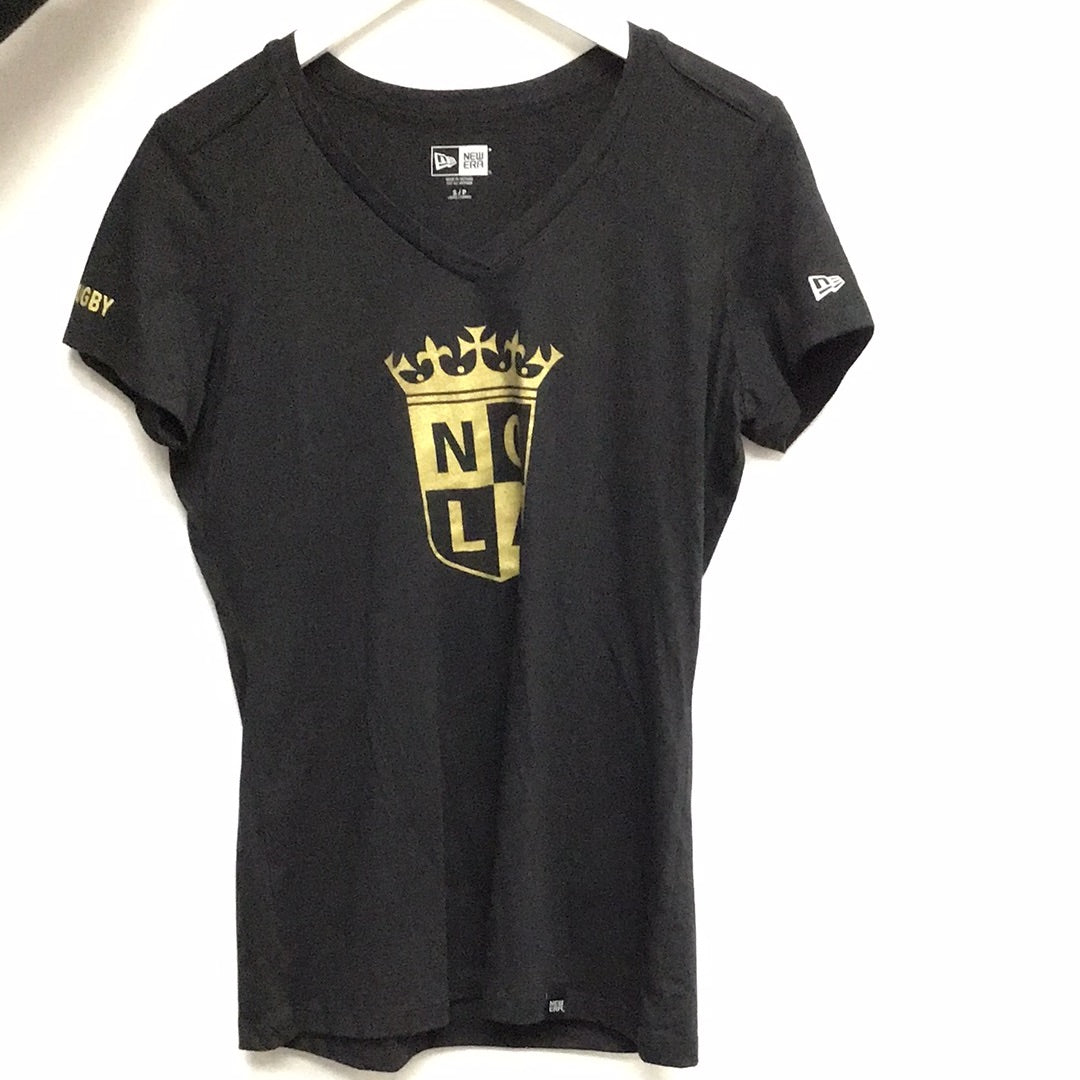 Nola Gold new era Ladies Black Vneck Gold Logo